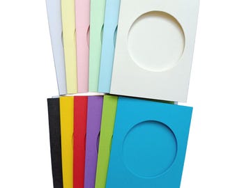 4.5x3.5" Small Tri-Fold Card Blanks 2.5" 64mm Circle Aperture: 5 Pack in 18 Colours