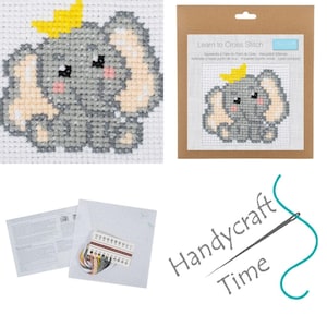 Learn to Cross Stitch Kit: Choice of 10 Bright Designs, Ideal Kids Crafting Gift Elephant