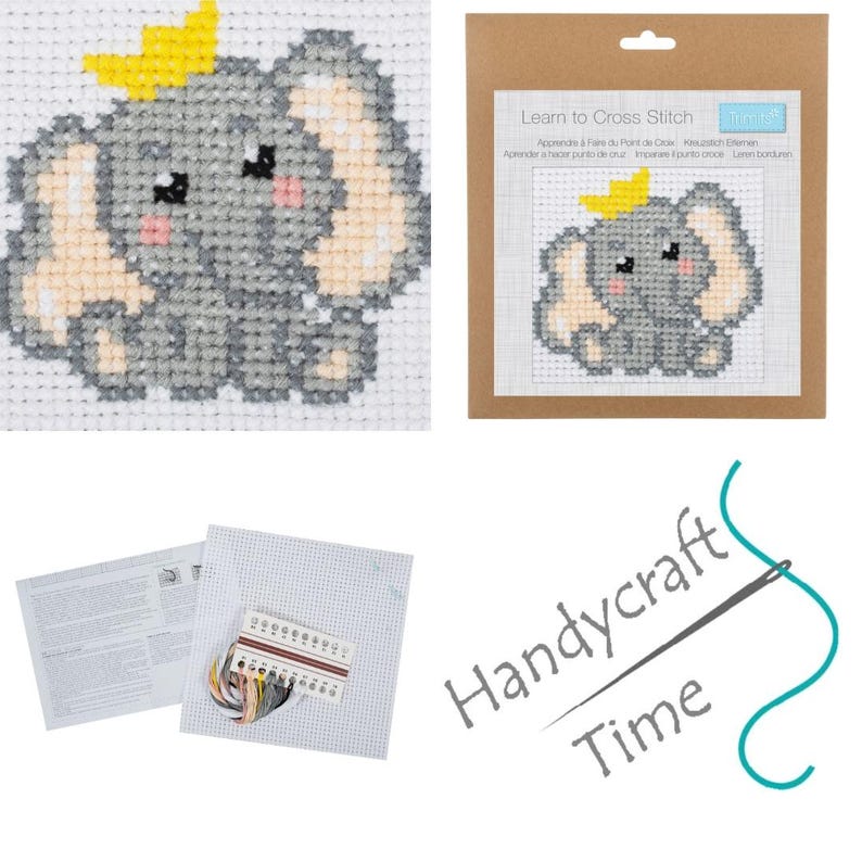 Learn to Cross Stitch Kit: Choice of 10 Bright Designs, Ideal Kids Crafting Gift Elephant