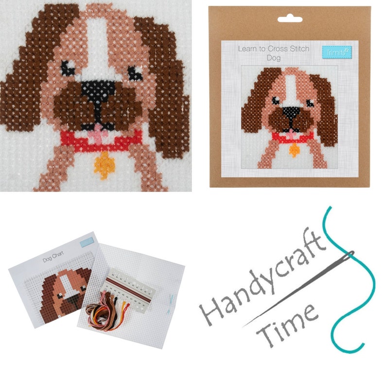 May include: A cross stitch kit featuring a brown and white dog with a red collar and a yellow tag. The kit includes a pre-printed fabric, embroidery floss, and a needle. The kit is labeled "Learn to Cross Stitch Dog" and "Handycraft Time".