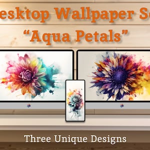 Puede incluir: Un conjunto de tres fondos de pantalla para escritorio con diseños de flores abstractas en acuarela en colores vibrantes. Los diseños se titulan "Aqua Petals" e incluyen una flor grande sobre un fondo blanco, una flor más pequeña sobre un fondo blanco y un primer plano del centro de la flor.