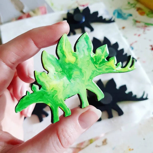 HANDMADE MAGNETS | Fridge Memo Magnet Swirled Stegosaurus Moon Mushroom Fungi Handpainted Memoboard Ornament Unique Dinosaur Jurassic