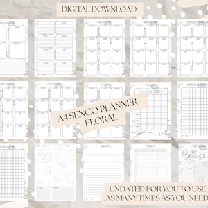 May include: A printable A4 planner featuring a floral design. The planner includes pages for weekly, monthly, and yearly planning, as well as pages for notes, contacts, and activities. The planner is undated, so you can use it for any year.