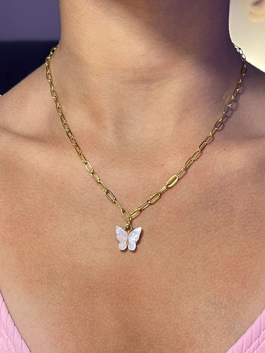 Pink Butterfly Paper Chain Necklace Preppy Necklace Preppy Etsy