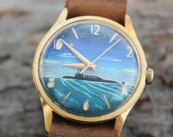 Navire de peinture à l'huile de montre vintage de navire de guerre exclusivement, vieille montre-bracelet, vendeur d'Ukraine