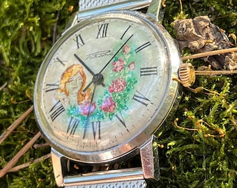 Raro orologio da polso Raketa con dipinto ad olio vintage: donna. Cal.2609