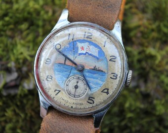 Montre soviétique pour hommes, peinture à la main vintage des années 1950 « VICTORY » (Pobeda), joli cadran rare, livrée avec un bracelet en cuir haut