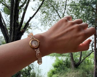 Montre-bracelet mécanique Slava vintage, montre femme URSS, bracelet macramé ajustable, montre-bracelet en pierre naturelle, cadeau soviétique