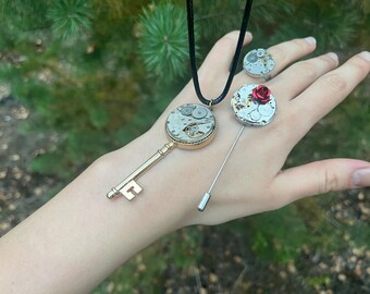 Steampunk Jewelry 3 x Set – Key Pendant, Gear Ring, Cufflink – Upcycled Watch Movement Accessories – Handmade Steampunk Gift for Him