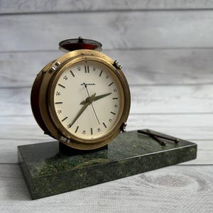 Rare Vintage Soviet Molnija Drum Clock Marble Stand USSR Mantel Table Clock Working Stone Desk Decor Retro Gift