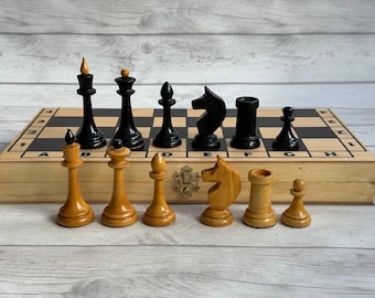 Jeu d'échecs soviétique vintage URSS années 1980, jeu d'échecs de tournoi en bois, plateau russe, cadeau de collection, style Gambit de la Dame