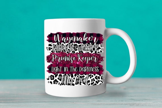 Waymaker Miracle Worker Promise Keeper Christian Mug, Burgundy plaid and cheetah print religious coffee cup, bible study pastors wife gift