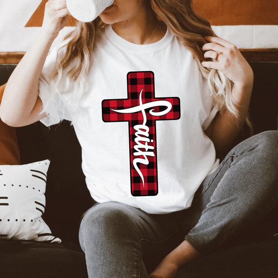 Faith Cross Womens T Shirt, Buffalo Plaid Cross Tee, Christmas Christian Top, pretty holiday Jesus tee, Gospel tee, ministry shirt, church