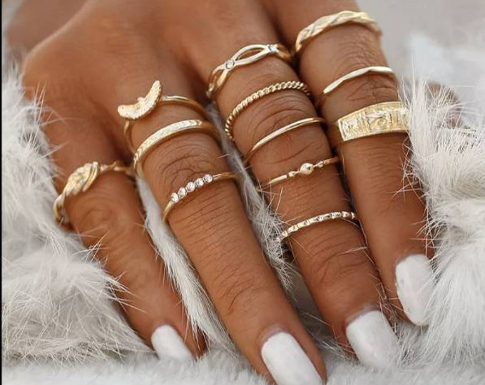12 Pc Gold Midi Ring Set Etsy