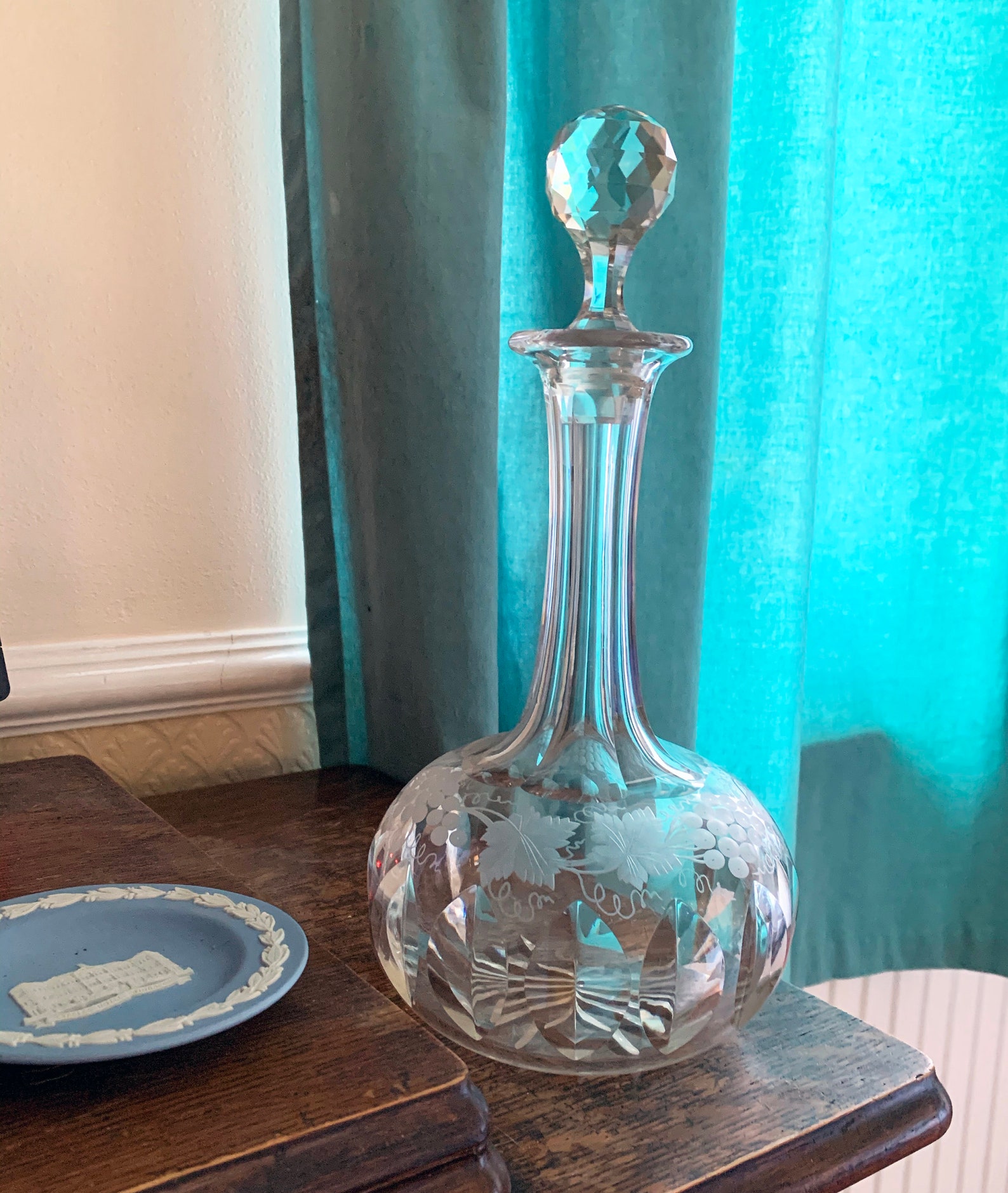 Long Necked Cut Glass Decanter With Grapes and Etched Grapes Etsy UK