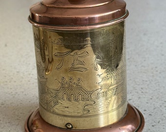 Vintage Copper and Brass Tea Caddy with Chinese Willow Pattern