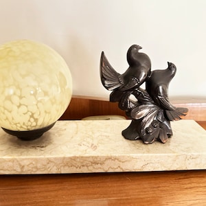 French Art Deco Spelter Bird Lamp With Globe Shade On Marble Base - Working & PAT Tested with Spare Bulb