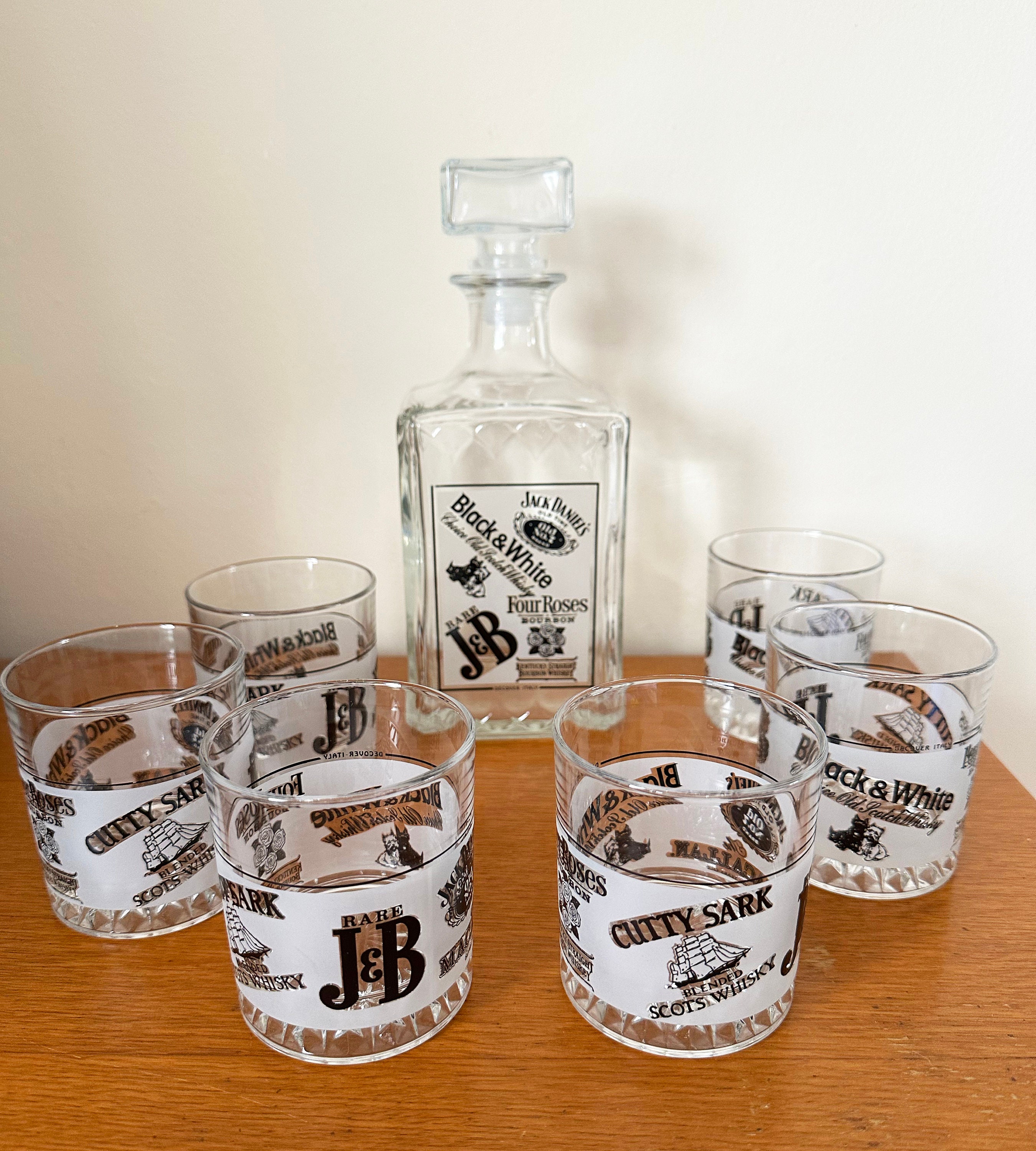 Decanter Set Whiskey Bourbon J&B Jack Daniels Cutty Sark Four Roses ...