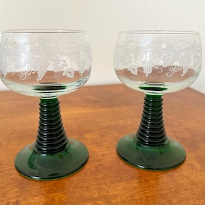 Pair of Vintage Beehive Stem Hock Glasses | Green Stem Wine Glasses with Vine Design