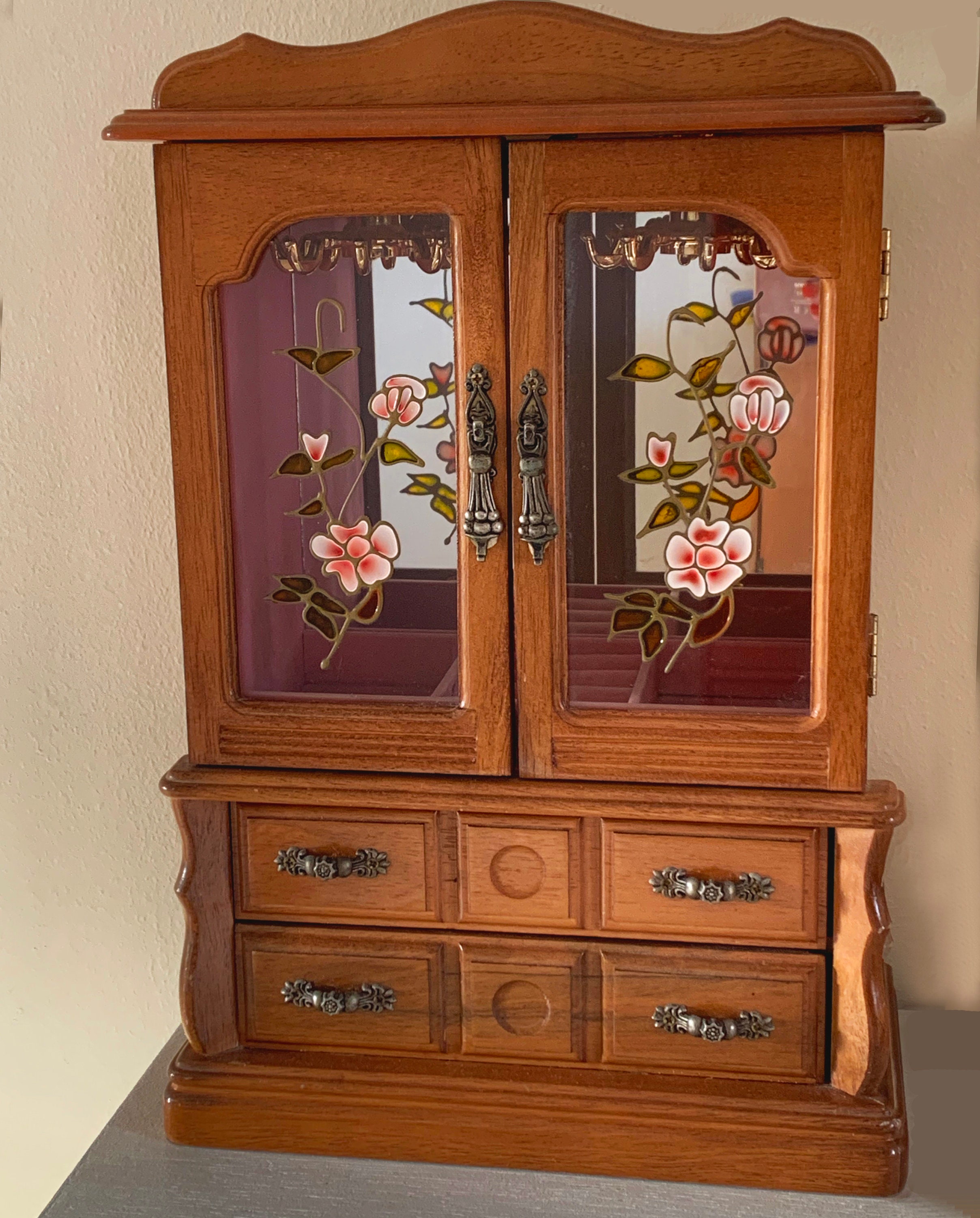 Vintage Wooden Wardrobe Jewellery Box With Necklace Hangers and Drawers Etsy Australia