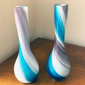 Pair of Art Glass Vases Mid Century Blue Grey and White