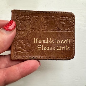 Libro de sellos de cuero antiguo 'Si no puede llamar, escriba' / Estuche para tarjetas / Portatarjetas
