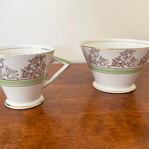 Art Deco Cup & Sugar Bowl Set – White with Green and Gold Detailing – Vintage Elegant Tableware - Small Chip