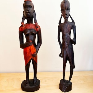Hand-Carved Masai Warrior & Woman Figurines – Vintage Kenyan Solid Wood Tribal Art, African Decor, One Piece Carving