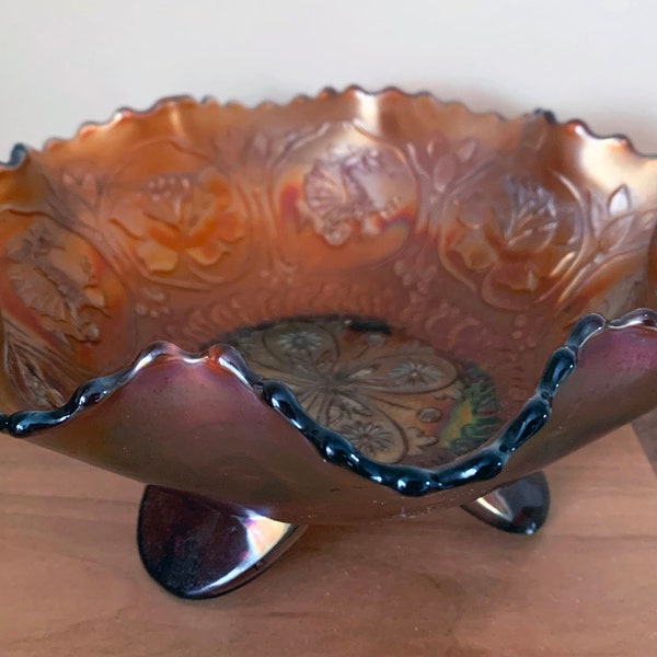 Fenton Dragon & Lotus Pattern Marigold Carnival Glass Tri-footed Bowl begin 20e eeuw