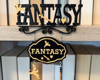 Fantasy Buchregal Genre Schild Deko / 3D lettering / hängendes Schild