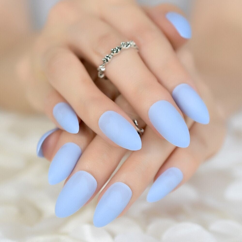 Short Blue Almond Nails | Etsy Short Blue Almond Nails | Etsy