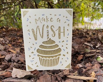 Make a Wish birthday Card- Cupcake card - Happy Birthday Card- Sparkly Card- Confetti card  - sewcutebyaddiek