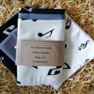 Musical Notes Handkerchiefs Handmade Cotton  Hankies with grey