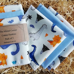 Pañuelos Infantiles Dinosaurios Bebés Pañuelos Algodón Set de 3 Hechos a Mano Azul con Naranja