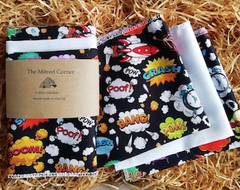 Hankies Handkerchiefs Handmade Cotton set of 3, Comic Design