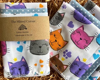 Cat Kitten Faces  Hankies Handmade Handkerchiefs Cotton, with spotty grey