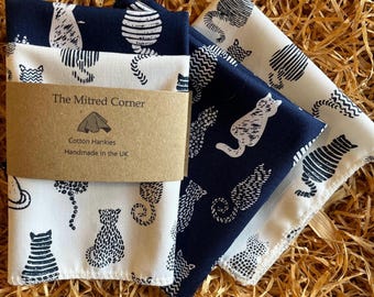 Cats Tails Hankies Handkerchiefs Cotton -Navy and White-set of 2