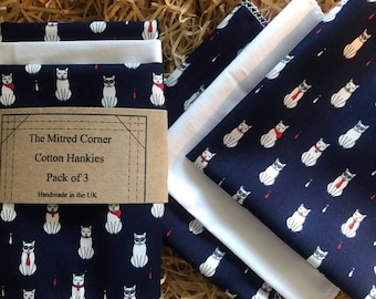 Cat & Kitten Handkerchief Set: Navy Cotton Hankies with Ties