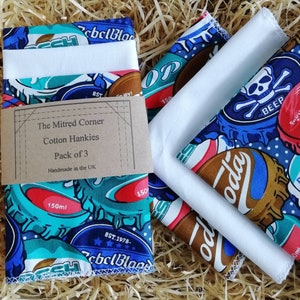 Retro Bottle Cap Handkerchiefs: Handmade Cotton Hankies, Set of 3