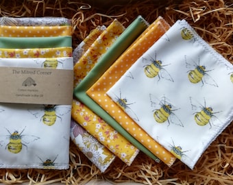 Hankies Handkerchiefs Handmade Cotton set of 5 - Bumble Bee, Flowers, plain green and spots