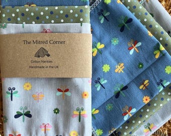 Butterflies, Bugs, Moths, Dragonflies Hankies Handmade Handkerchiefs Cotton