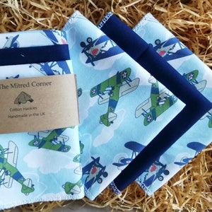 Vintage Bi-planes Hankies Handkerchiefs Handmade Cotton set of 3 - with Navy Blue