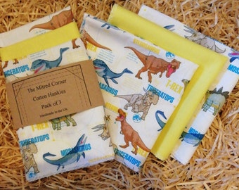 Dinosaur Handkerchiefs Handmade - Hankies Cotton, set of 3 with yellow