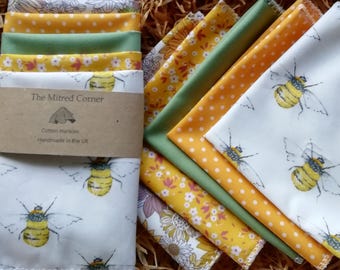 Handmade Cotton Handkerchiefs: Bumble Bee & Floral Hankies, Set of 5
