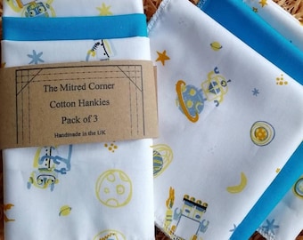 Pañuelos de algodón hechos a mano con diseño de pequeños robots, lunas y estrellas, juego de 3 - con azul brillante