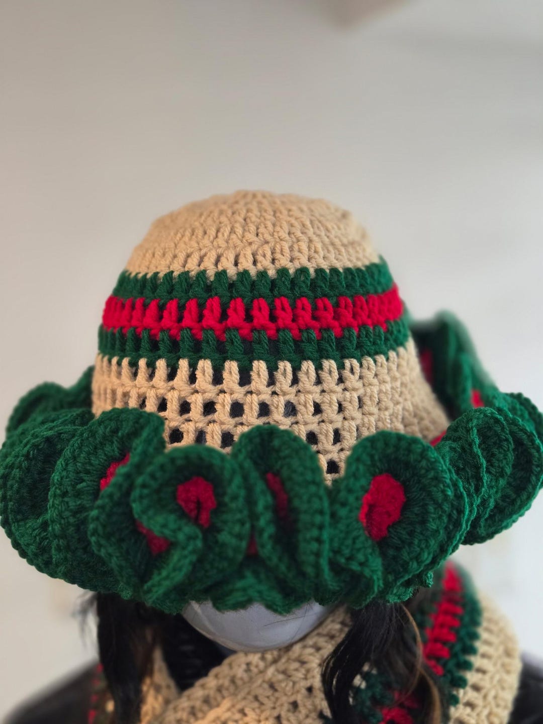 Hat Ruffles Red Handcrafted Crochet Ruffle Ruffle Hat - Red, Green, and Tan - Etsy
