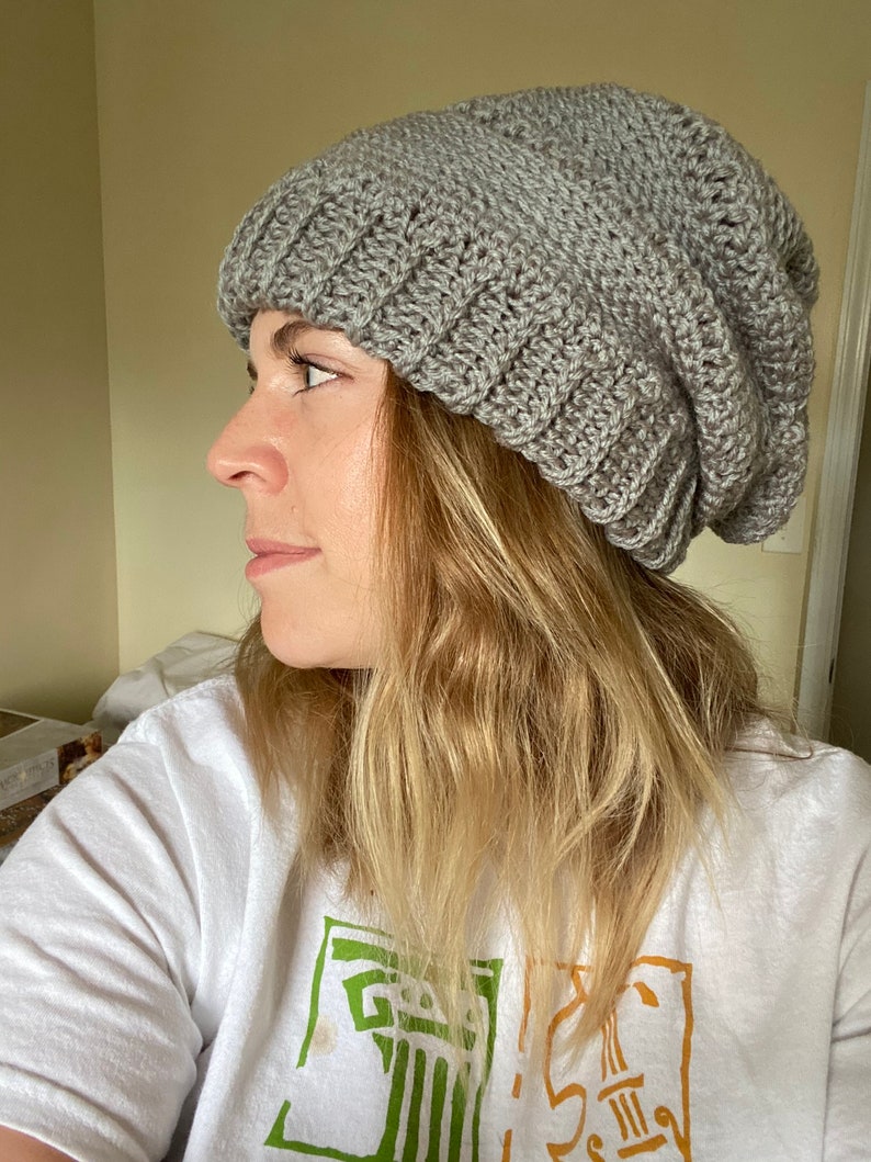 Super Slouch Crochet Beanie in Gray image 4
