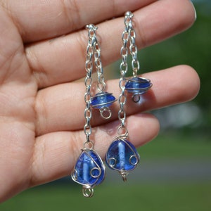 Blue Beaded chain earrings, Chain drop earrings, Bead dangle earrings,