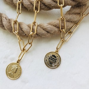 Queen Elizabeth Coin Necklace, Chunky Gold Necklace, Coin Pendant Necklace, Medallion Necklace, British Coin Necklace, Anniversary Gift
