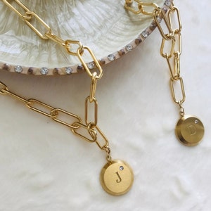 Coin Initial Necklace Gold Link Chain Initial Necklace Gold - Etsy